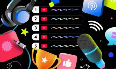 Exciting graphic announcing the new YouTube Top Podcasts Chart USA, with a #1 symbol and a collage of popular podcast imagery.