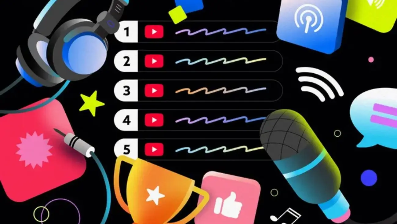 Exciting graphic announcing the new YouTube Top Podcasts Chart USA, with a #1 symbol and a collage of popular podcast imagery.